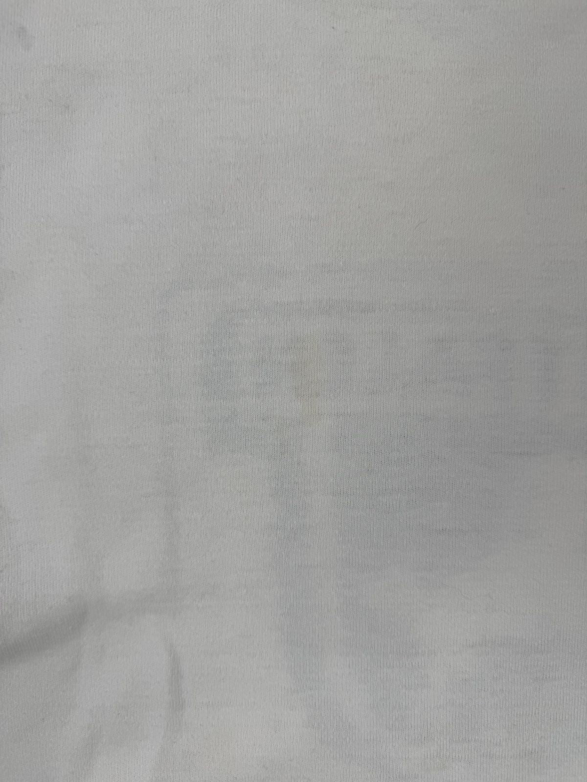Makro-Ansicht der Stoffoberfläche; zeigt die authentische Textur des gealterten T-Shirts und eine kleine, unauffällige Verfärbung (True Vintage Condition).