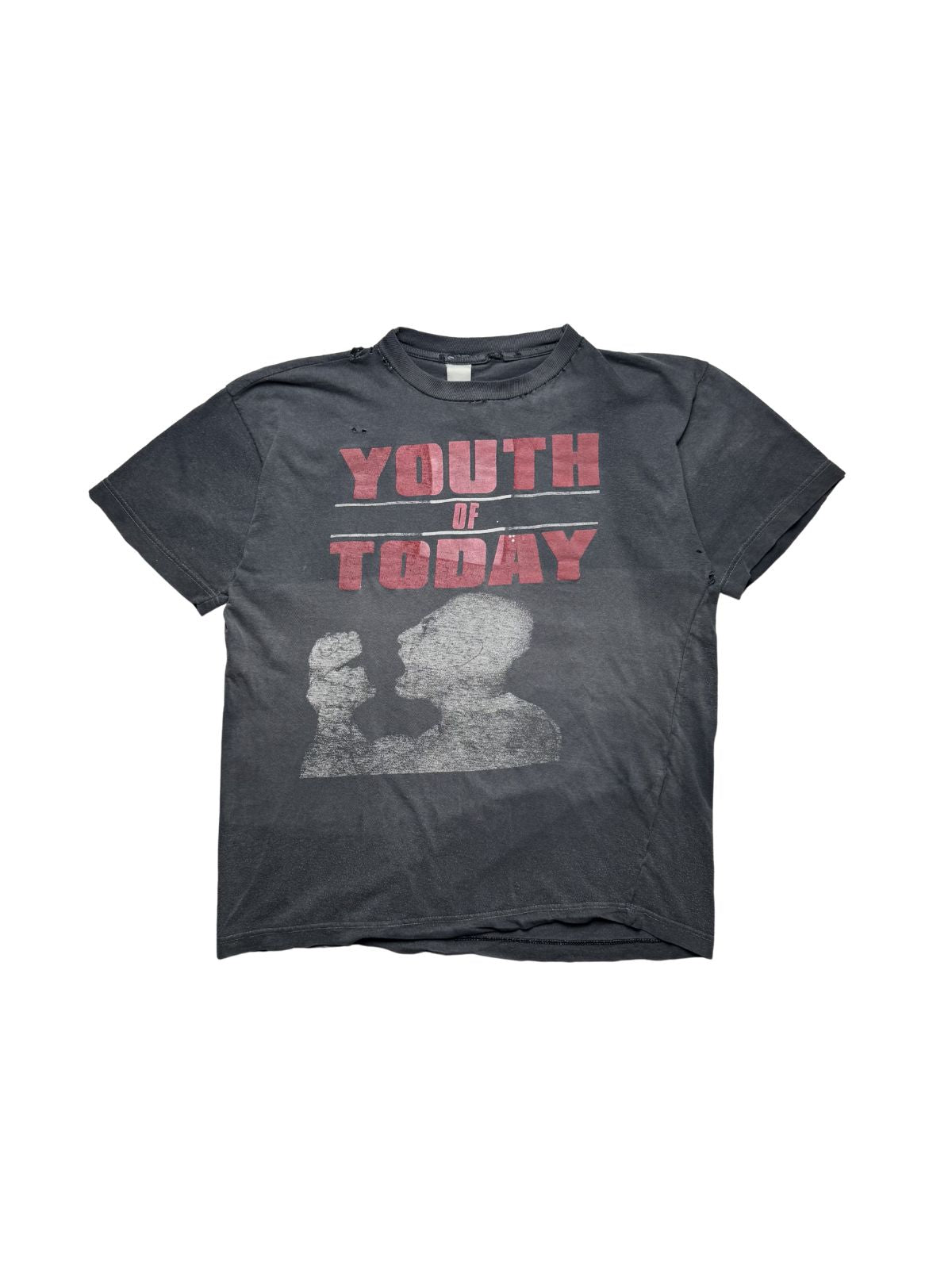 Originales ausgewaschenes schwarzes Vintage Youth of Today T-Shirt zum Album „Can't Close My Eyes“ aus dem Jahr 1989 in der vorderen Gesamtansicht. Kultiges Straight-Edge-Hardcore-Bandshirt mit rotem Schriftzug und schreiender Frontmann-Silhouetten-Grafik.