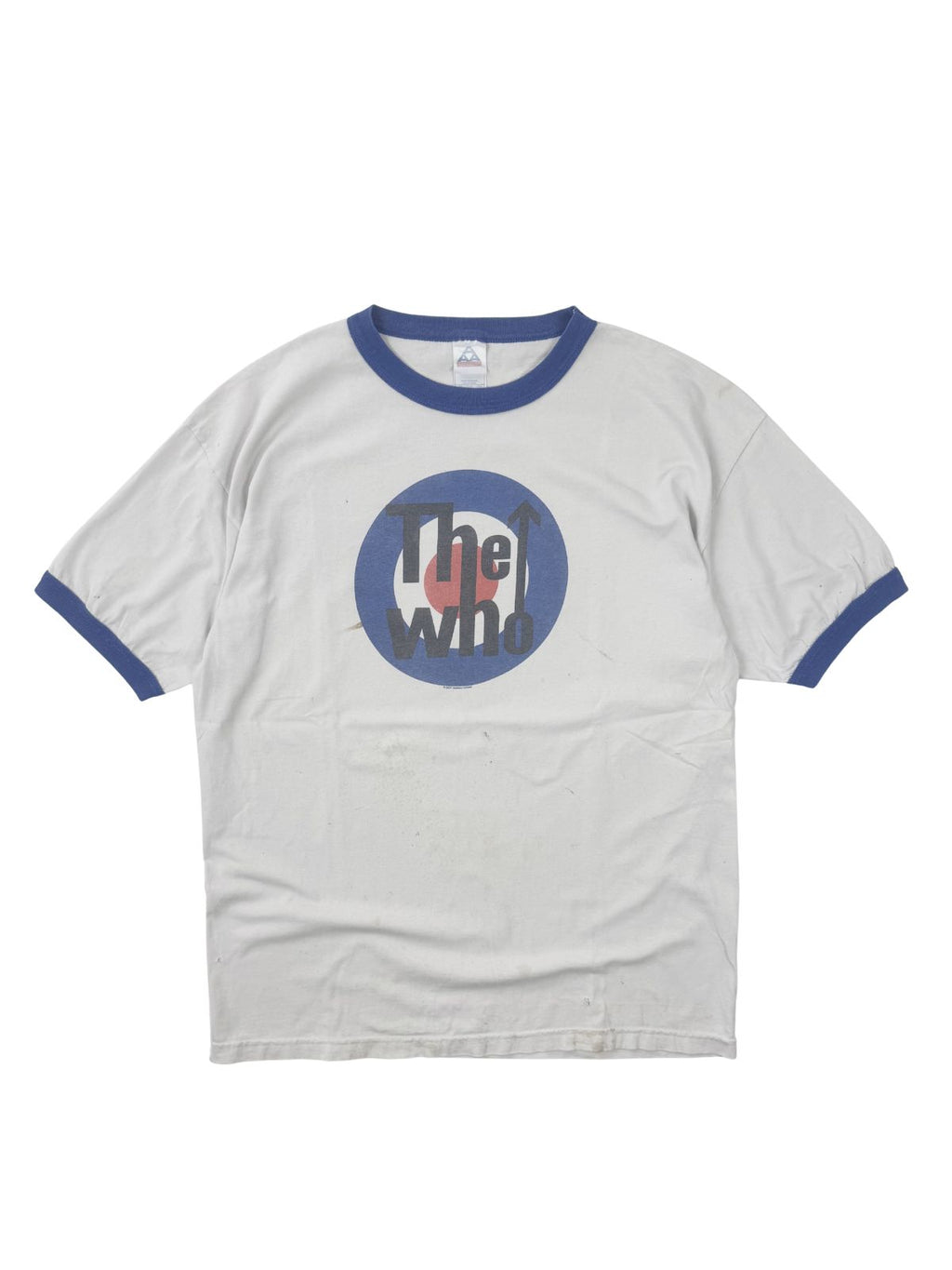Weißes The Who Vintage Ringer T-Shirt mit blauem Kragen und Ärmelbündchen; zeigt das ikonische Mod-Target-Logo mit Band-Schriftzug auf der Vorderseite.